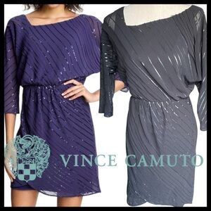 Vince Camuto Black Sequin Asymmetrical Neckline Faux Wrap Mini Dress (2)